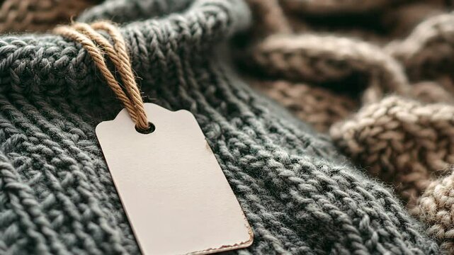 A blank tag sits on a cozy gray knitted sweater