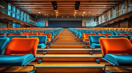 Obraz premium A modern auditorium with colorful seating arranged in rows for presentations or lectures.