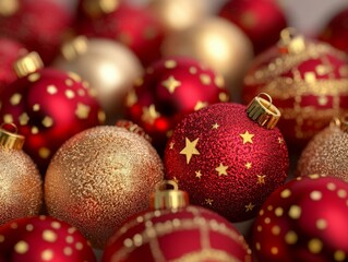 3d render of red and green christmas balls with golden stars. Copy space. 