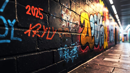Naklejka premium A wall covered in graffiti on the side of a building