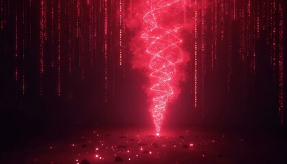 Swirling Crimson Matrix Code Resembling Tornado Against Dark Purple Backdrop Symbolizing Cyber Defense
