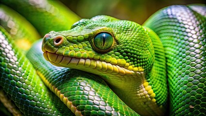 Fototapeta premium A close-up photo of a vibrant green snake python in the wild , snake, python, green, wildlife, reptile, scales