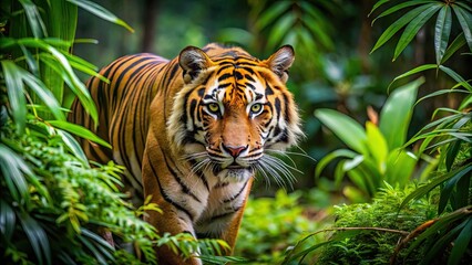 Fototapeta premium Asian Tiger hunting its prey in the dense jungle, Tiger, Asian, Predator, Prey, Wildlife, Hunting, Jungle, Carnivore