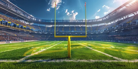 American Football Field with Goalposts and Crowd