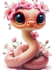 A cute pink snake with a flower crown on its head