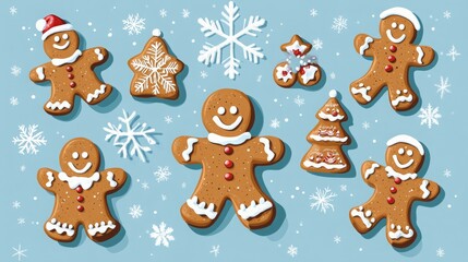 Obraz premium Cartoon christmas gingerbread cookies set. Xmas gingerbreads sweets star snowflake tree man, noel holiday decoration vector illustration