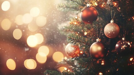 Christmas tree with christmas ornaments and defocused lights. Copy space.