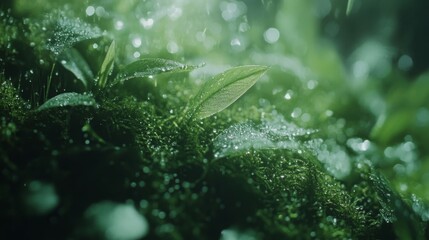 close up on the dew on the moss in the deep jungle. Sharp focus. Nature and fresh concept. bright. Copy space