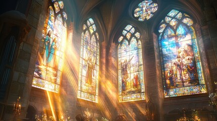 Fototapeta premium A serene church scene with light pouring through stained-glass windows depicting Jesus' life and teachings