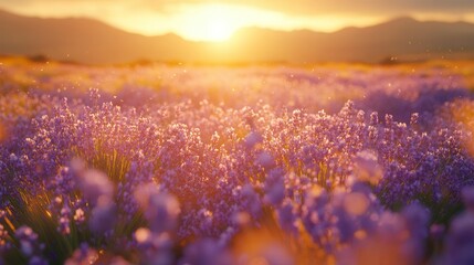 Obraz premium Stunning Lavender Field at Sunset with Golden Light and Mountain Backdrop Capturing the Essence of Nature's Beauty and Tranquility