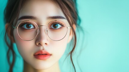 Fototapeta premium Eye problem concept, fatigue asian young woman tired eyes, irritated rubbing eye dry relief vision pain after work on laptop computer, eye strain, while wearing glasses, suffer migraine, bad blurry. c