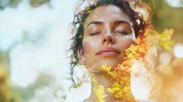 Double multiply exposure portrait of a dreamy woman meditating outdoors with eyes closed, combined with photograph of nature, closeup. Psychology freedom power of mind concept.