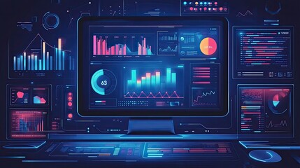 A computer screen displays a variety of data visualizations, including charts, graphs, and diagrams. The screen is surrounded by other monitors, all displaying similar information.