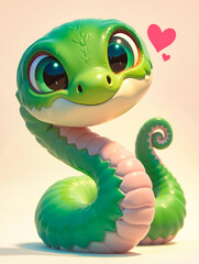 A green snake with big eyes and a pink heart on its head