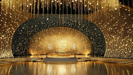 A stage decorated with shimmering gold lights and a sparkling background