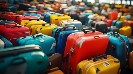 Fototapeta premium Colorful Suitcases Stacked at Airport, Travel Luggage, Vacation, Departure, Journey, Airport Terminal, Transportation, Baggage Claim, Closeup, Travel Essentials, Holiday, Adventure, Weekend Getaway,