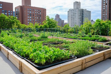 Fototapeta premium Urban garden with lush greens amidst cityscape