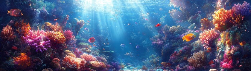 Fototapeta na wymiar Vibrant Underwater Coral Reef with Colorful Fish and Sunlight Streaming Through Crystal Clear Ocean Waters