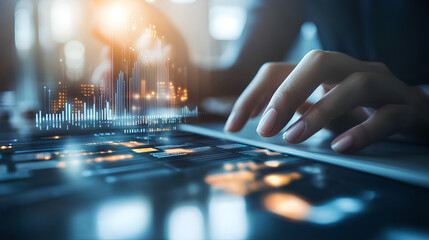 Corporate team strategizing in a collaborative meeting with digital technology tools for advanced marketing data analysis and informed investment decision-making in a modern business environment