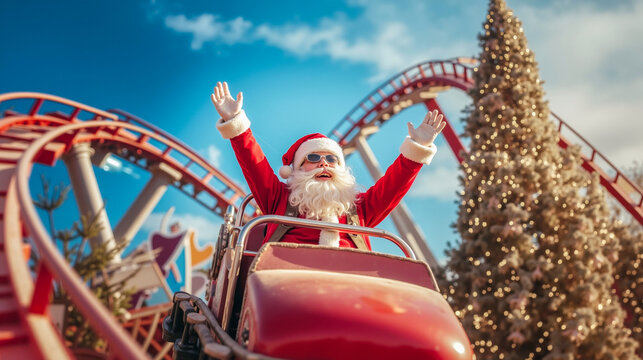 A man dressed as Santa Claus riding a roller coaster at a theme park