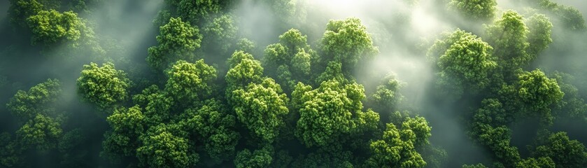 ** Aerial View of Lush Green Forest with Sunlight Streaming Through Misty Canopy in Serene Natural Landscape..**