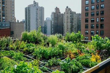 Fototapeta premium Urban rooftop garden with lush green plants and cityscape