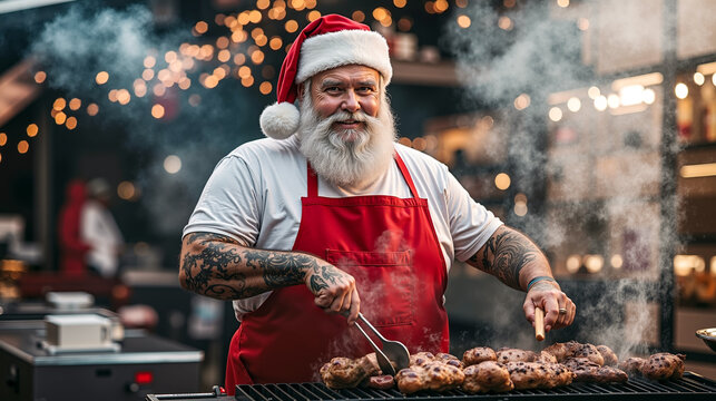 A man in a santa hat grilling meat on a grill