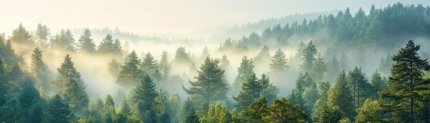 Misty Morning in a Serene Forest with Sunlight Filtering Through Lush Green Trees Creating a Tranquil and Picturesque Natural Landscape