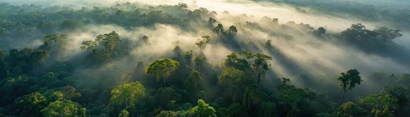 ** Aerial View of Lush Tropical Rainforest with Mist and Sunlight Creating a Serene and Mystical Atmosphere in the Early Morning..**