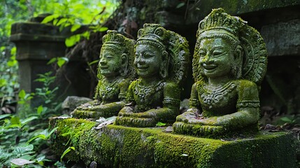 Obraz premium Overgrown jungle ruins with moss-covered stone statues and ancient artifacts