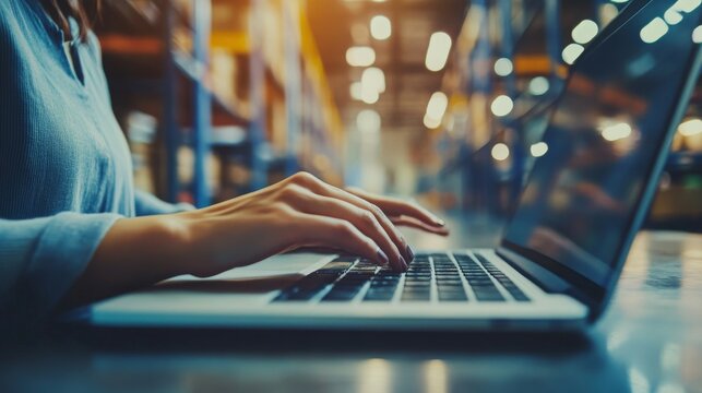 Warehouse worker using laptop checking inventory in logistics center. copy space.