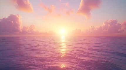 Fototapeta premium vibrant sunset sky over ocean, filled with soft clouds and warm colors, creates serene and peaceful atmosphere. reflection on water enhances beauty of this tranquil scene