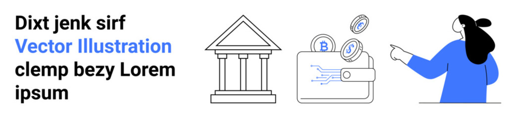 Bank building, digital wallet with flying coins, and woman pointing. Ideal for fintech, banking, digital wallets, cryptocurrency, e-commerce, financial apps, and investing. Banner for landing page