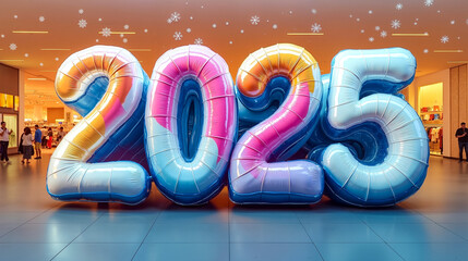A large number of balloons in the shape of the number 2025 in a shopping mall