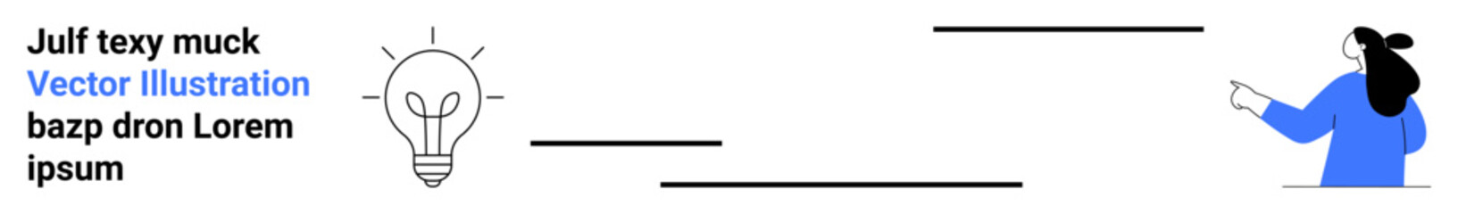 Woman pointing towards light bulb symbolizing idea generation. Random text placeholders. Ideal for business, innovation, workshops, education, creativity, presentations, and marketing materials