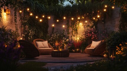 Obraz premium A charming garden patio with wicker chairs, soft pillows, quality pic.