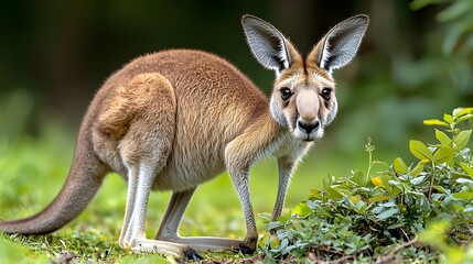 A kangaroo, with its strong hind legs and lean body, stands gracefully on the green grass, its large ears perked up and its fur blending in with the surrounding foliage.