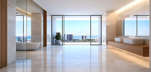 Fototapeta premium Transform your space with a luxurious sanitized bathroom experience overlooking scenic views