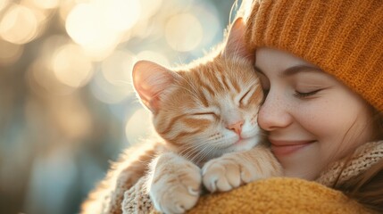 Soft sunlight bathes a smiling woman as her affectionate cat cuddles close, spreading warmth and joy