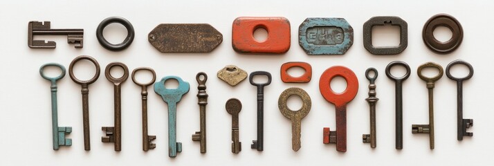 A collection of vintage keys in various shapes and colors arranged neatly.