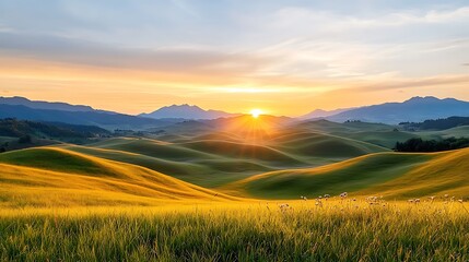 Fototapeta premium The rolling hills were bathed in a warm golden light as the sun dipped below the horizon, casting long shadows and illuminating every blade of grass and wildflower in its path.