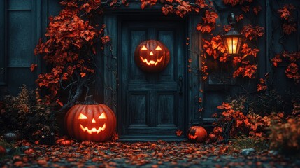 Obraz premium A spooky Halloween scene with carved pumpkins and autumn leaves.