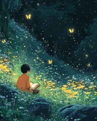 Obraz premium Self Publishing Boy Reading in Enchanted Forest at Night