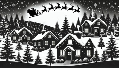 Santa and his deer are delivering Christmas gifts.