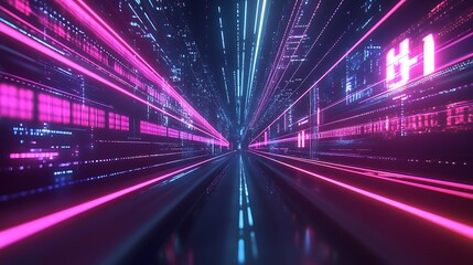 Fototapeta premium A futuristic tunnel with neon lights and digital patterns, suggesting speed and technology.
