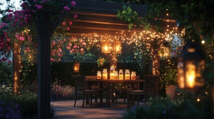 A romantic outdoor dining area under a wooden pergola, with quality pic.