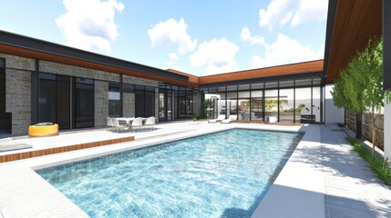 Fototapeta premium Modern house featuring a spacious outdoor pool