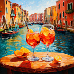 Grand Canal in Venice Italy. Watercolor vector art. italy travel oil painting wall art, drinks in venice, cheers