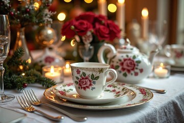 Fototapeta premium christmas table setting with christmas decorations