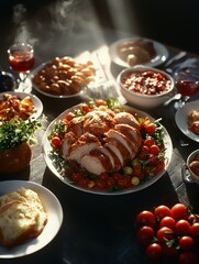 A beautifully arranged feast with roasted chicken, vibrant vegetables, and various side dishes, illuminated by soft light for a warm dining ambiance.